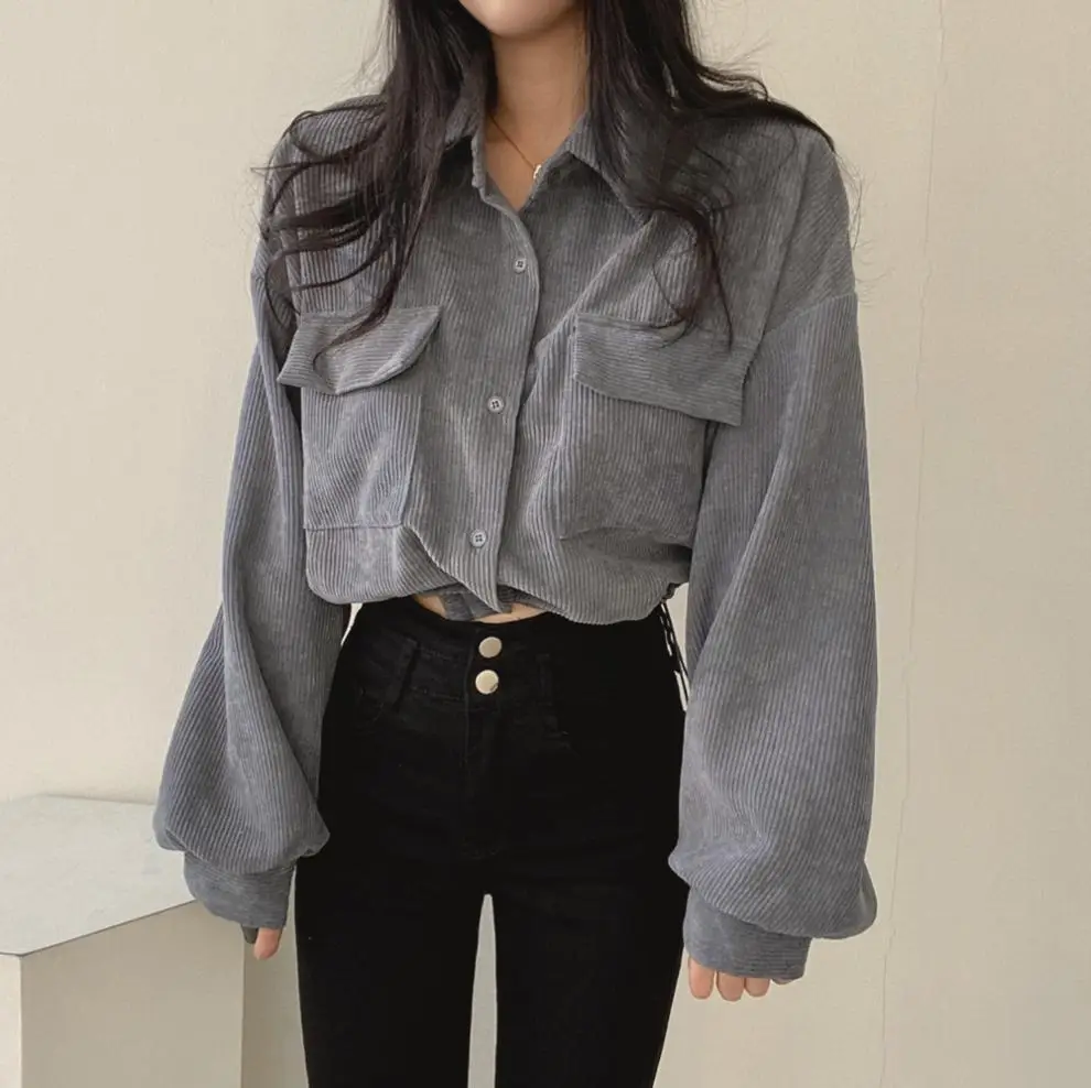2024 Black Corduroy Long Sleeve Shirt Jacket for Women — feature 16