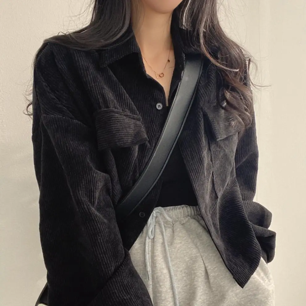 2024 Black Corduroy Long Sleeve Shirt Jacket for Women — feature 19