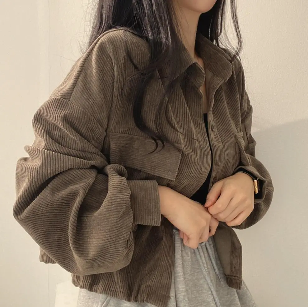 2024 Black Corduroy Long Sleeve Shirt Jacket for Women — feature 3