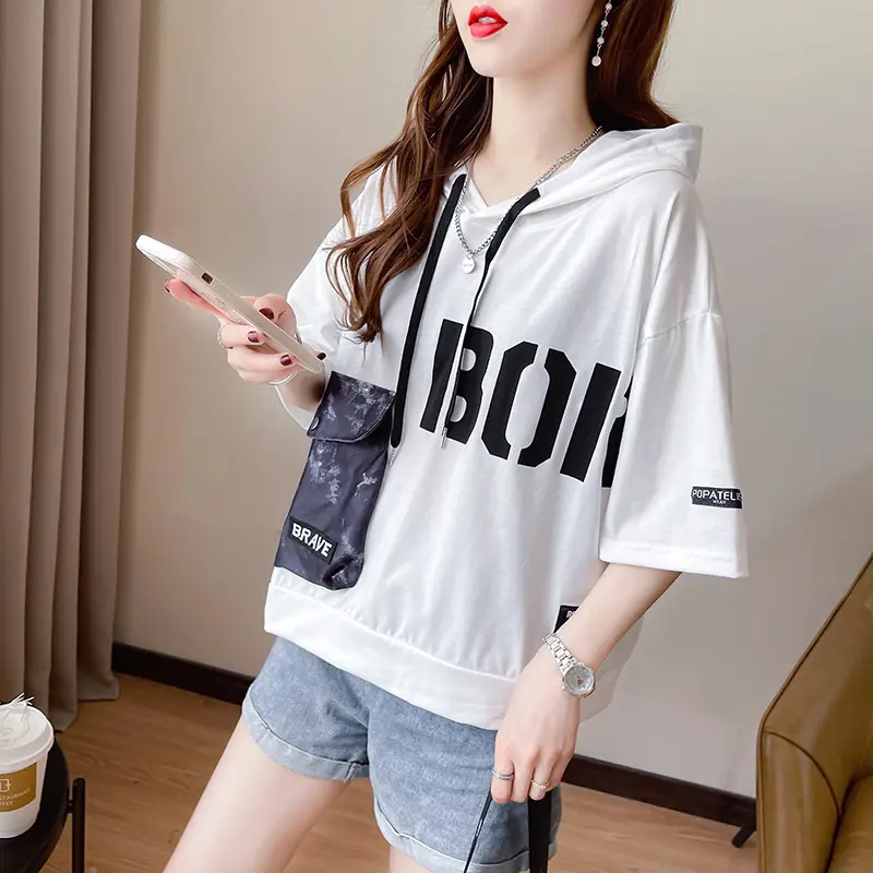Women Super Hot Hooded T-Shirt White Black Brave Print - Image 5