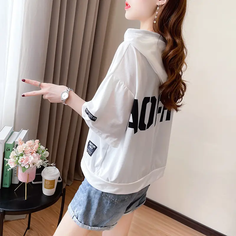 Women Super Hot Hooded T-Shirt White Black Brave Print - Image 7