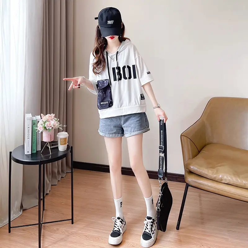 Women Super Hot Hooded T-Shirt White Black Brave Print — feature 11
