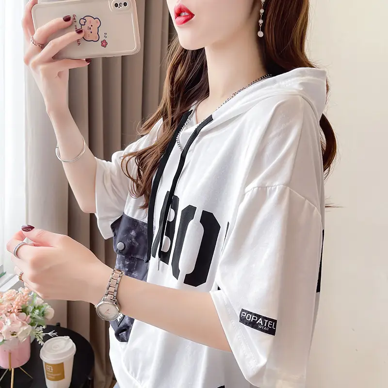 Women Super Hot Hooded T-Shirt White Black Brave Print — feature 14