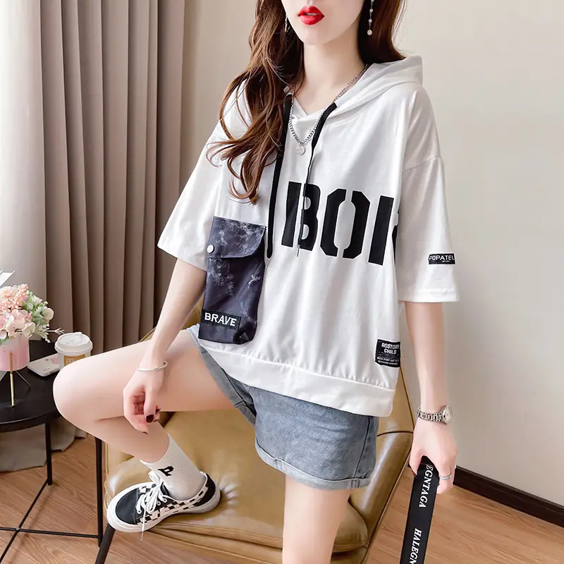 Women Super Hot Hooded T-Shirt White Black Brave Print — feature 15
