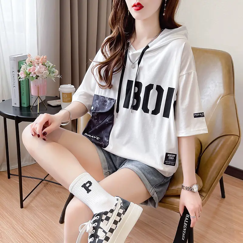 Women Super Hot Hooded T-Shirt White Black Brave Print — feature 17