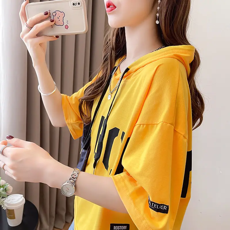 Women Super Hot Hooded T-Shirt White Black Brave Print — feature 2
