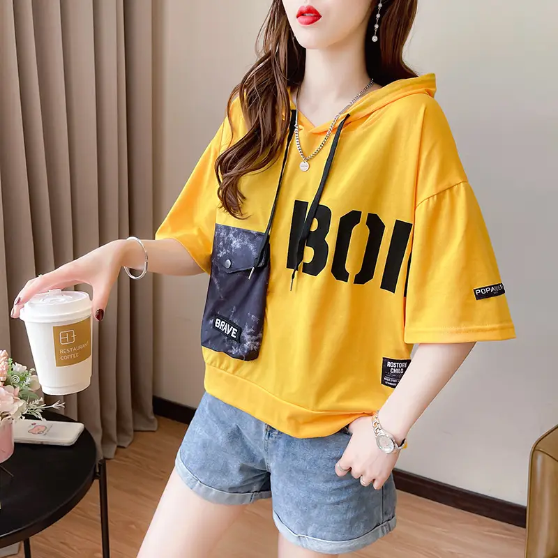 Women Super Hot Hooded T-Shirt White Black Brave Print — feature 5