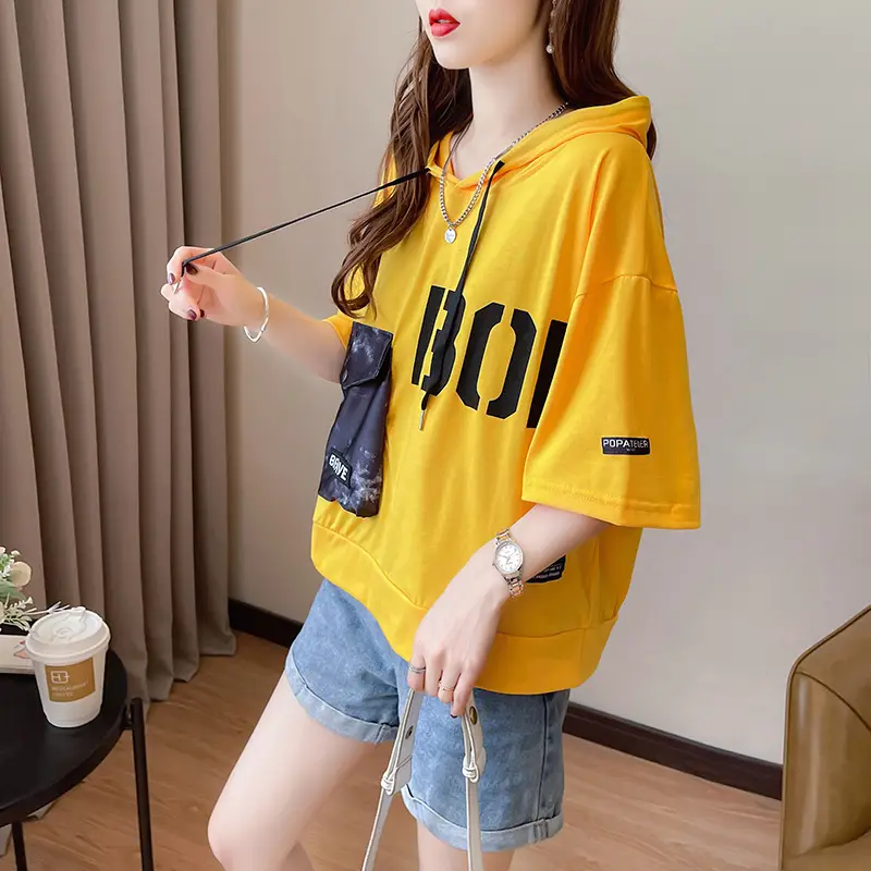 Women Super Hot Hooded T-Shirt White Black Brave Print — feature 6