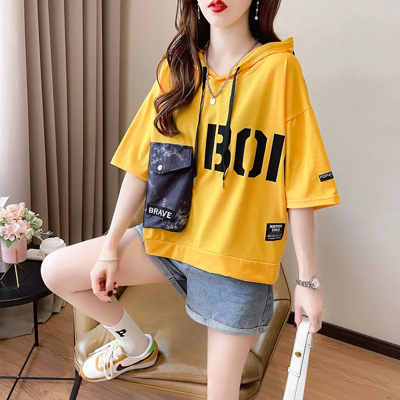 Women Super Hot Hooded T-Shirt White Black Brave Print — feature 7