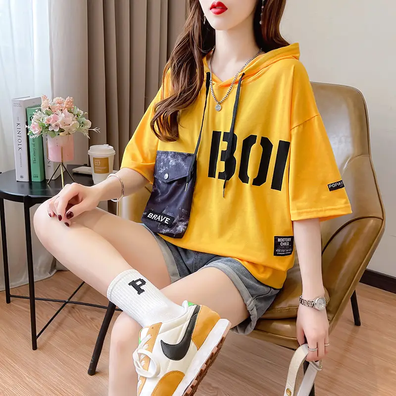 Women Super Hot Hooded T-Shirt White Black Brave Print — feature 9