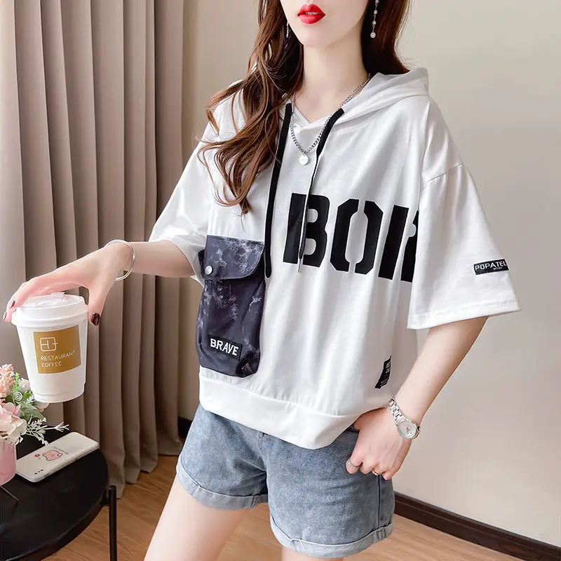 Women Super Hot Hooded T-Shirt White Black Brave Print - Image 2