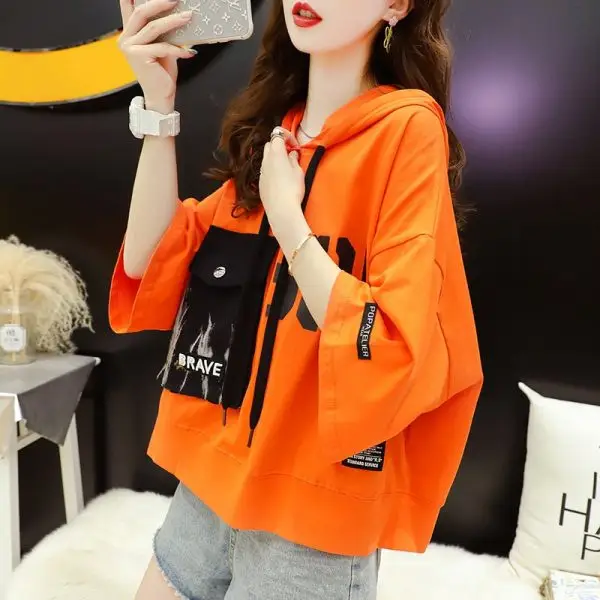 Women Super Hot Hooded T-Shirt White Black Brave Print - Image 4
