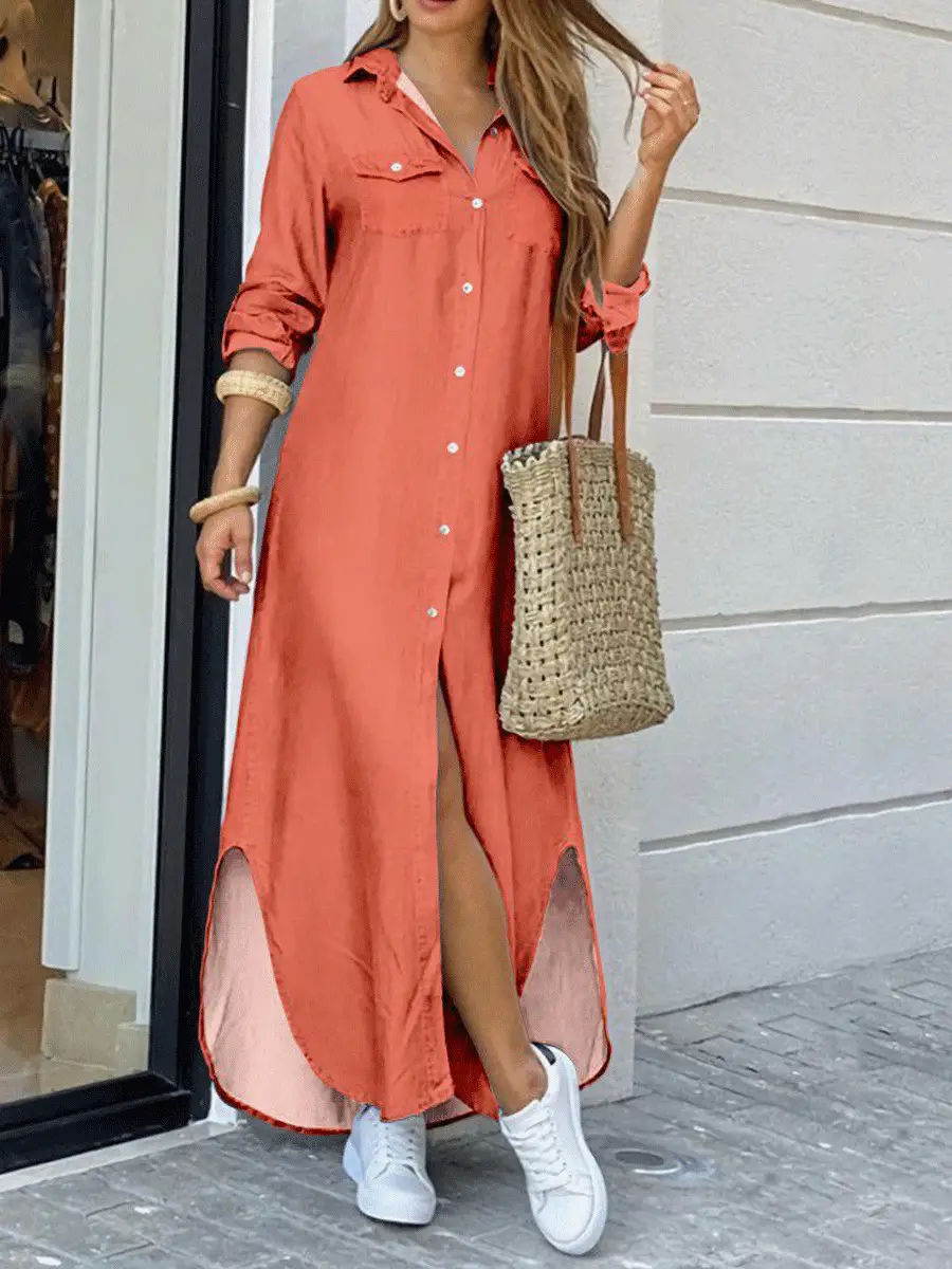 2025 Printed Long Skirt Shirt Dress for Women Coral - Image 23