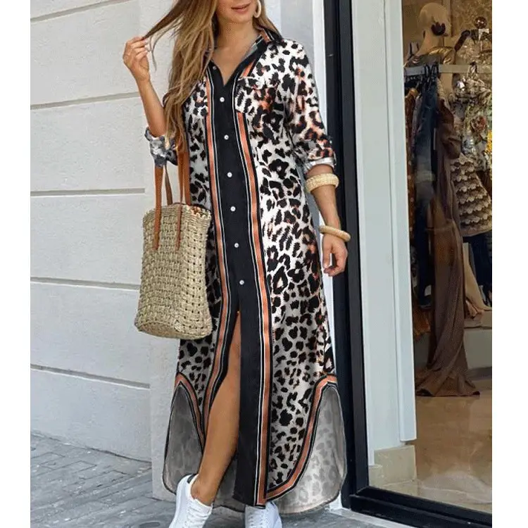 2025 Printed Long Skirt Shirt Dress for Women Coral - Image 16