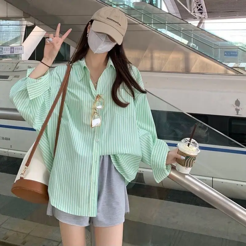 Women Striped Shirt Light Blue Mid-Length Loose Fit - Image 2