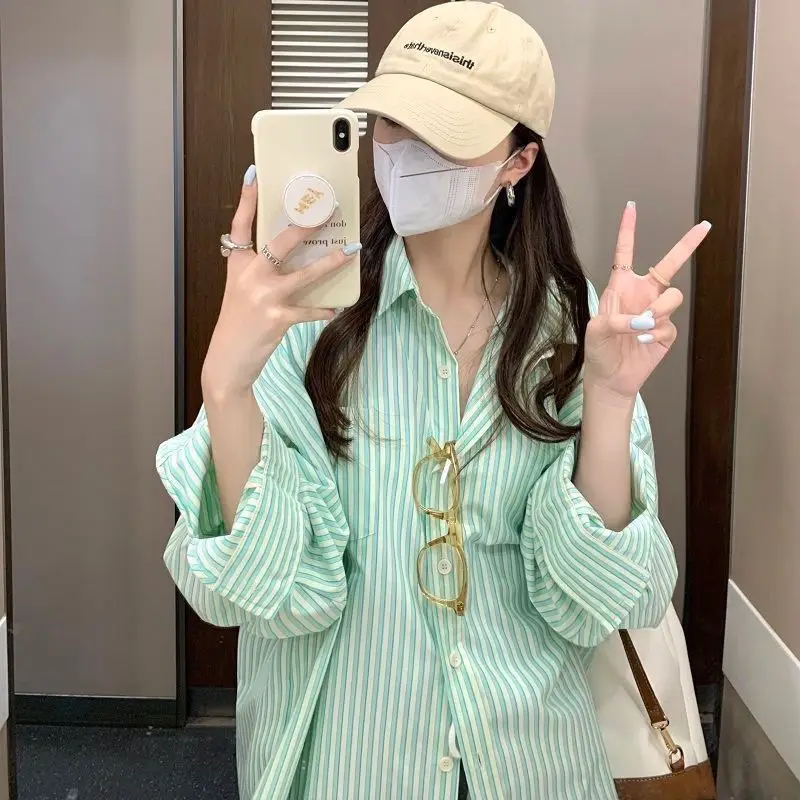 Women Striped Shirt Light Blue Mid-Length Loose Fit - Image 3