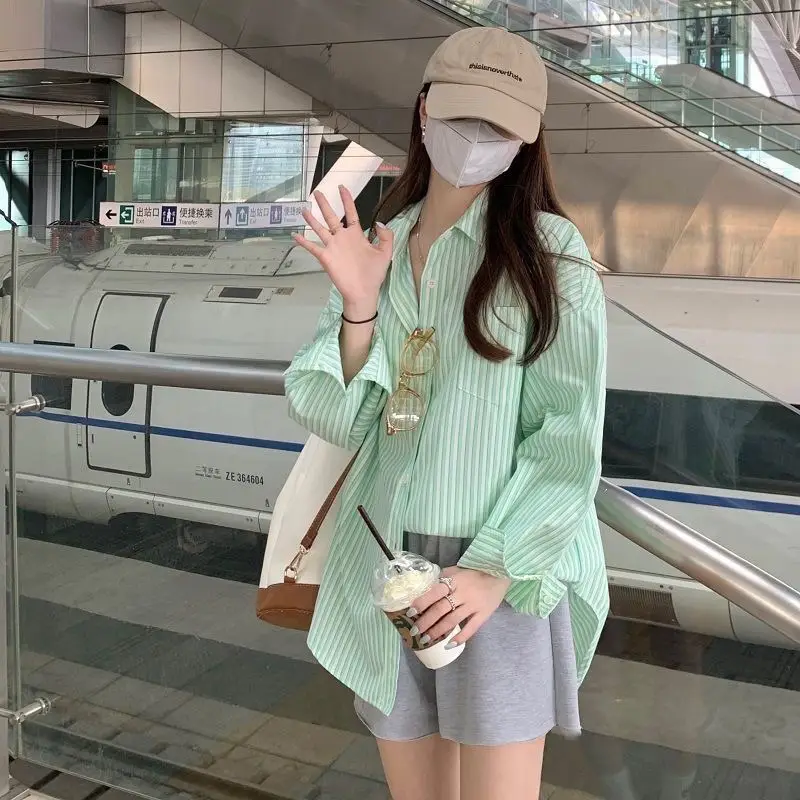 Women Striped Shirt Light Blue Mid-Length Loose Fit - Image 4