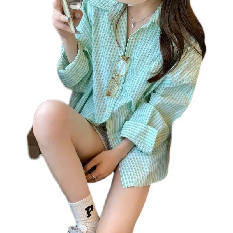 Women Striped Shirt Light Blue Mid-Length Loose Fit - Image 5