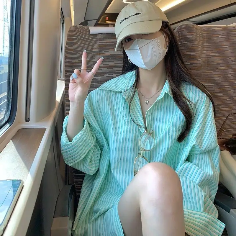 Women Striped Shirt Light Blue Mid-Length Loose Fit — feature 1