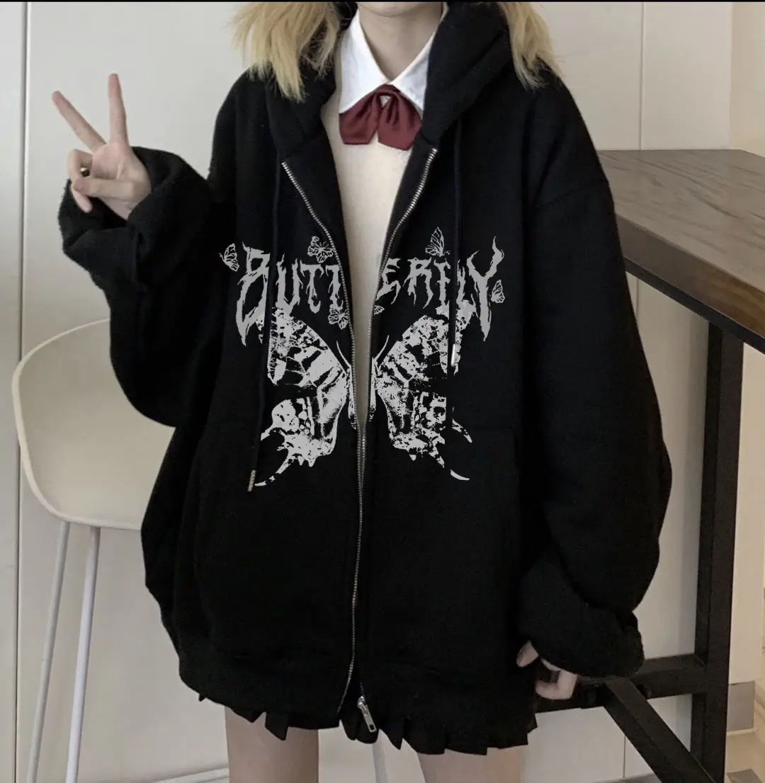 Women's 2022 Gothic Butterfly Zipper Hoodie White - Image 7