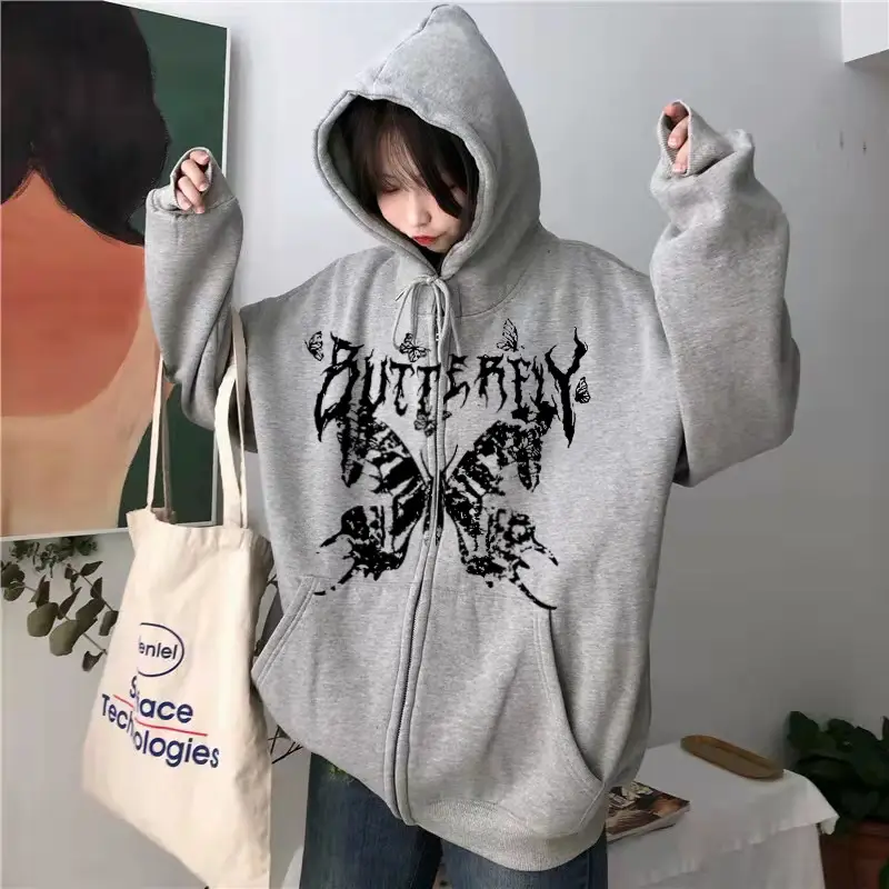 Women's 2022 Gothic Butterfly Zipper Hoodie White - Image 3