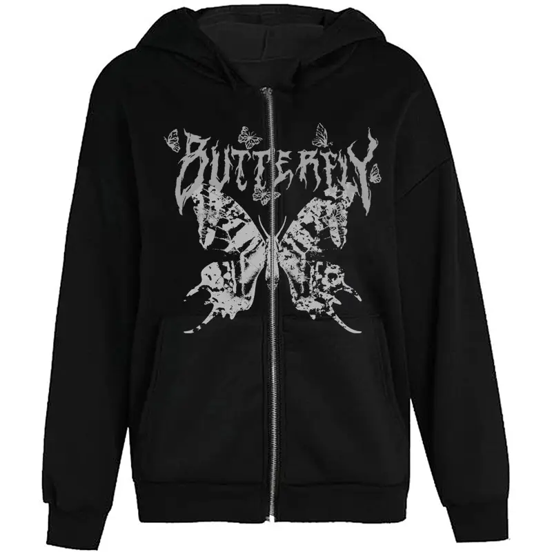 Women's 2022 Gothic Butterfly Zipper Hoodie White - Image 4