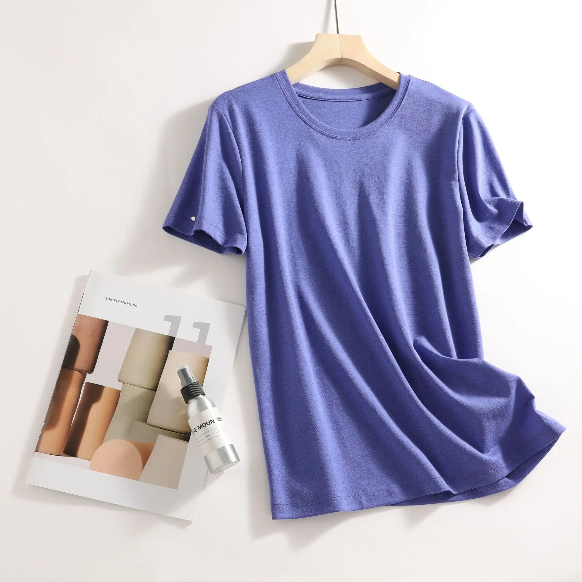 Women V-Neck Silk T-Shirt Lavender Round Neck - Image 2