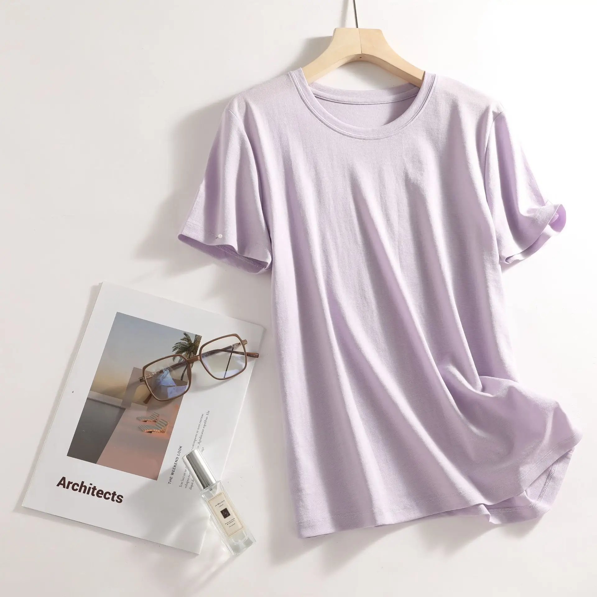 Women V-Neck Silk T-Shirt Lavender Round Neck - Image 5