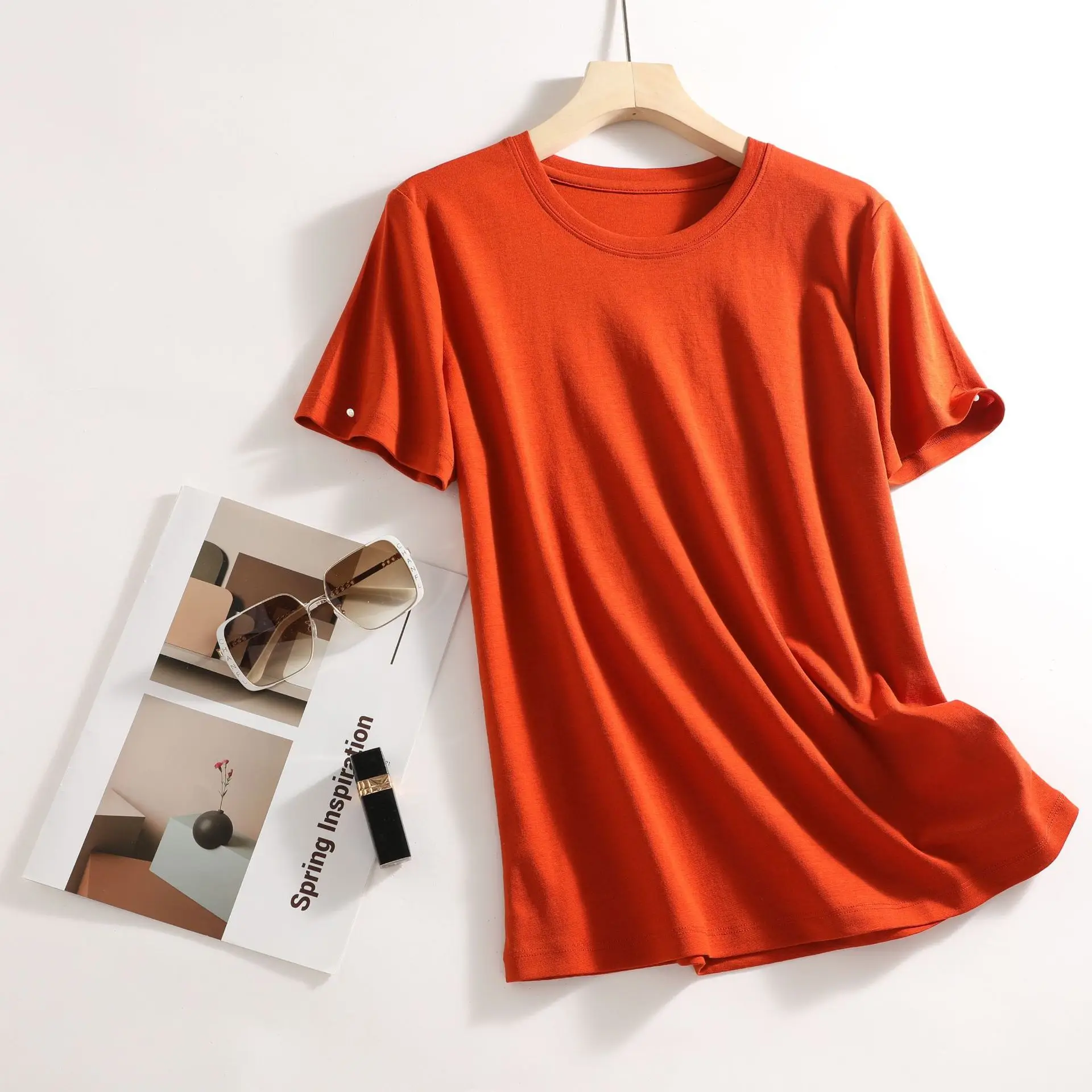 Women V-Neck Silk T-Shirt Lavender Round Neck - Image 6