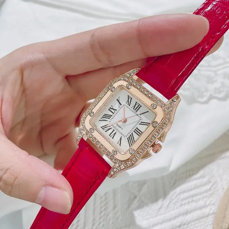 Women's Diamond-Embedded Roman Square Watch Blue Strap - Image 2