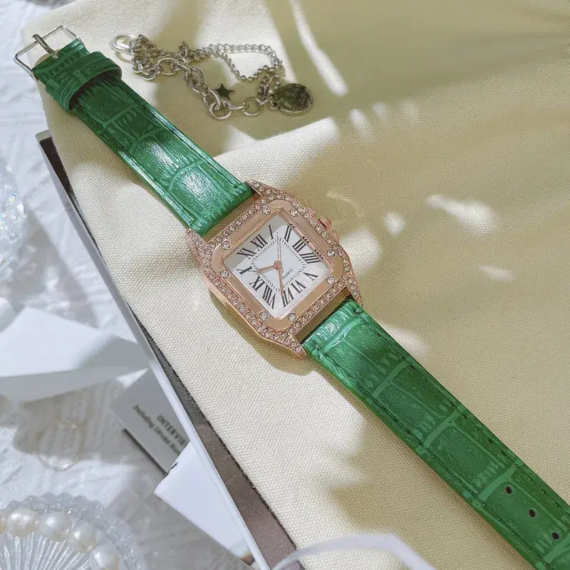 Women's Diamond-Embedded Roman Square Watch Blue Strap - Image 3