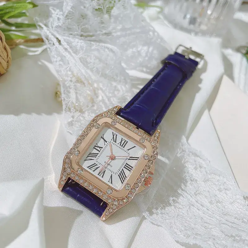 Women's Diamond-Embedded Roman Square Watch Blue Strap - Image 4
