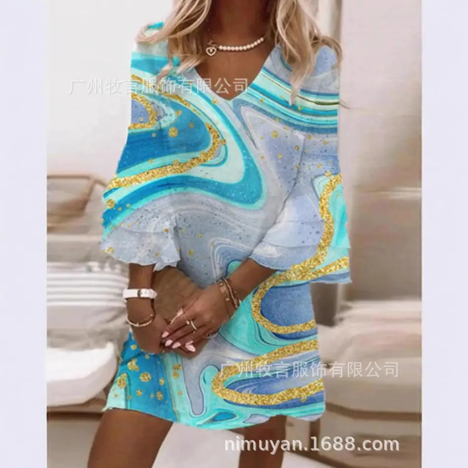 Printed V Neck Mini Jumpsuit 3/4 Sleeve
