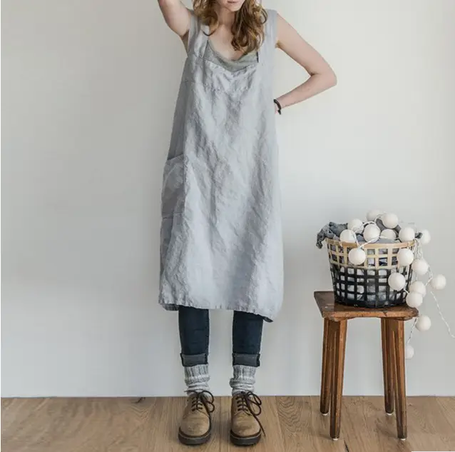 Black Long Sleeve Apron with Straps for Women - Image 9