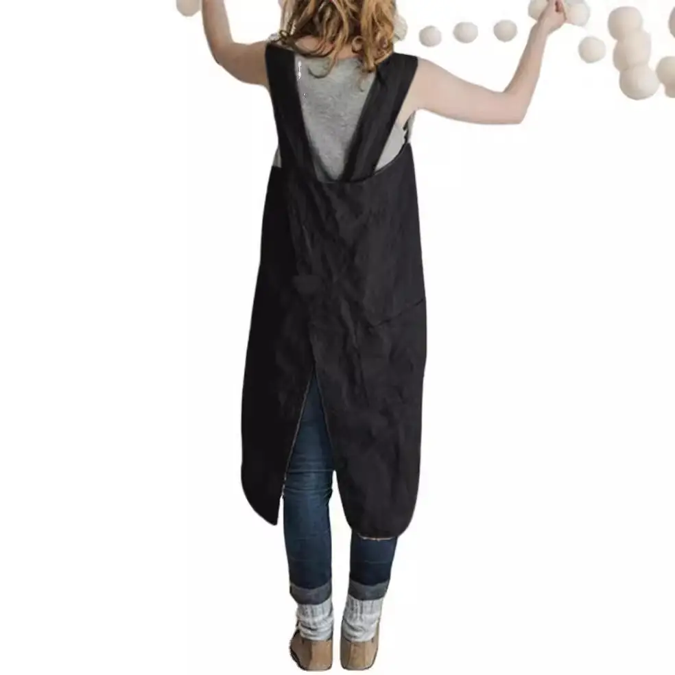 Black Long Sleeve Apron with Straps for Women - Image 10