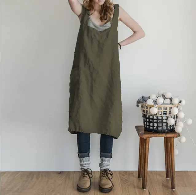 Black Long Sleeve Apron with Straps for Women - Image 5