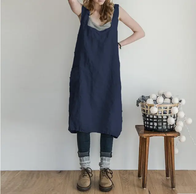 Black Long Sleeve Apron with Straps for Women - Image 6