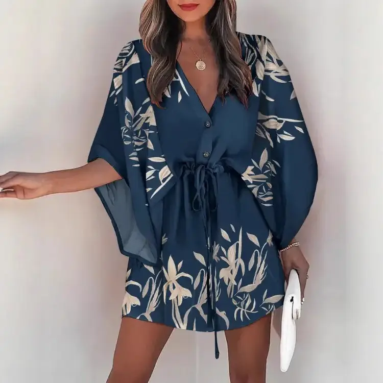 2023 Blue Floral V-Neck Tie Dress for Women - Image 10