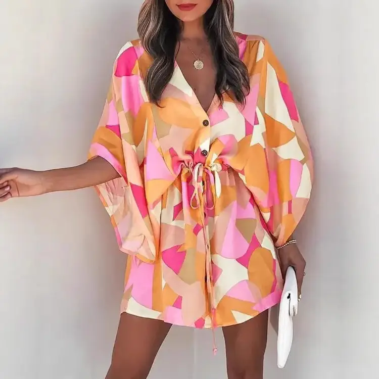2023 Blue Floral V-Neck Tie Dress for Women - Image 11