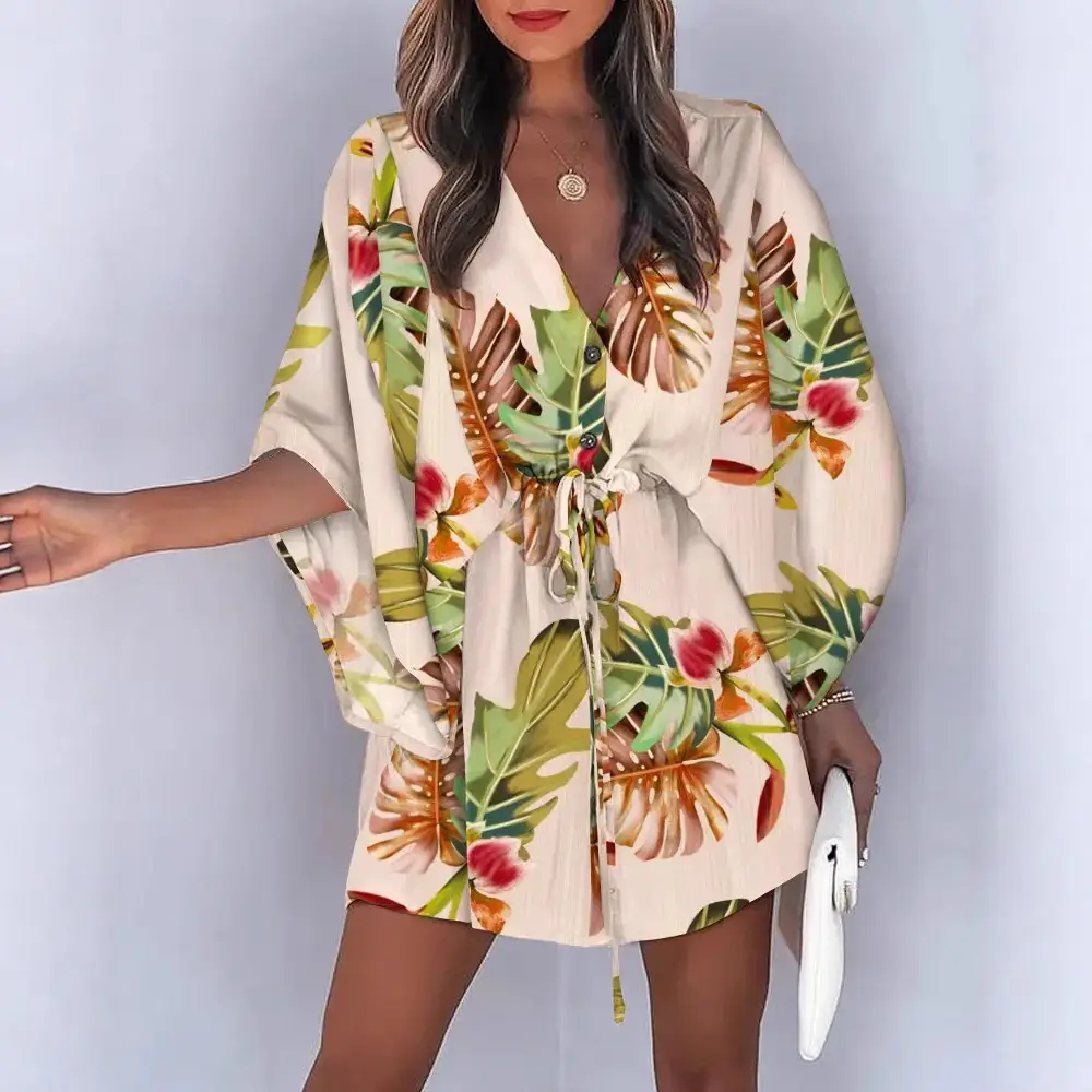 2023 Blue Floral V-Neck Tie Dress for Women - Image 12