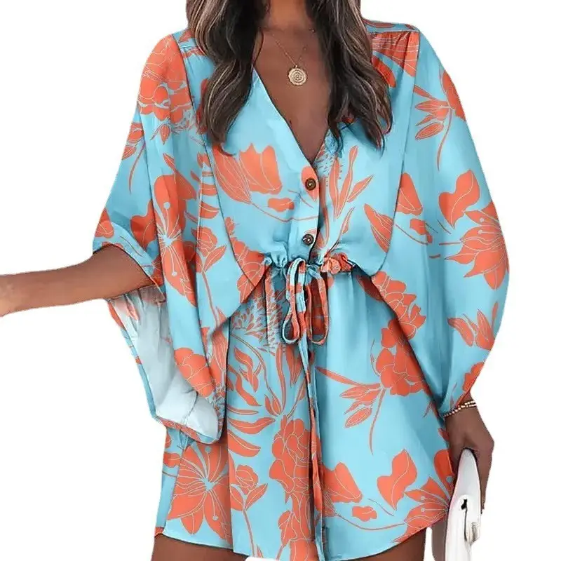 2023 Blue Floral V-Neck Tie Dress for Women - Image 13
