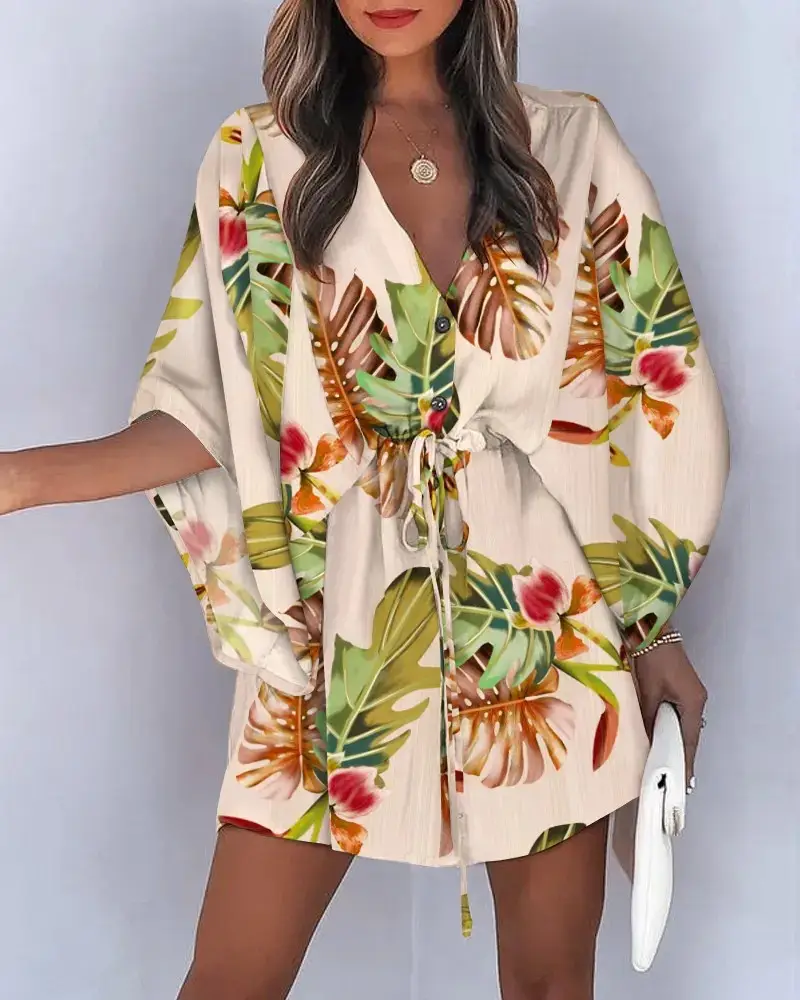 2023 Blue Floral V-Neck Tie Dress for Women - Image 2