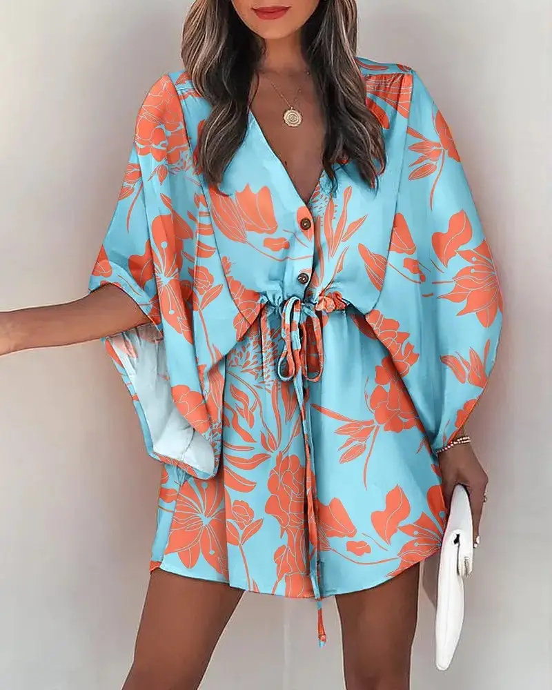 2023 Blue Floral V-Neck Tie Dress for Women - Image 3