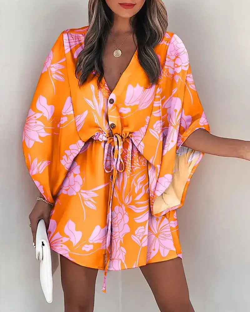 2023 Blue Floral V-Neck Tie Dress for Women - Image 8