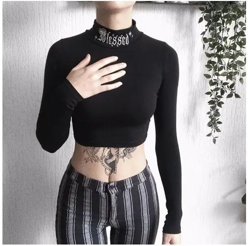 Diablo Style High Neck Embroidered Top Women's Tight Fit Navel Exposed Long Sleeve