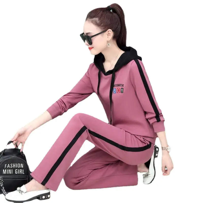 Women's Pink Hooded Sweatshirt Track Suit Set