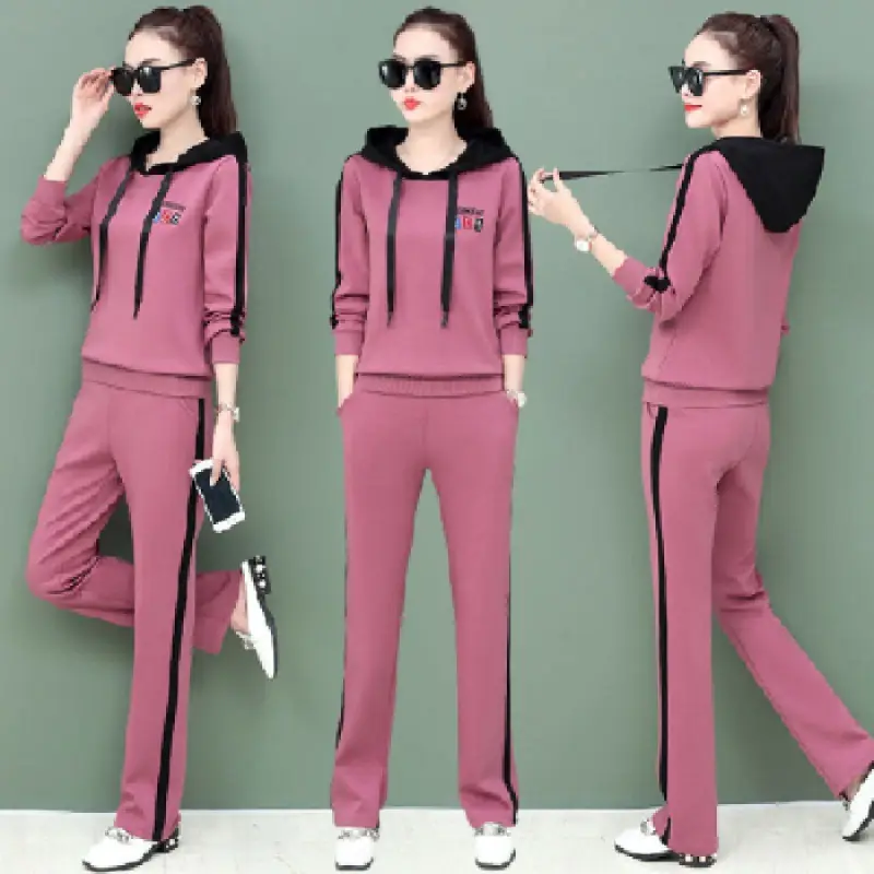 Women's Pink Hooded Sweatshirt Track Suit Set