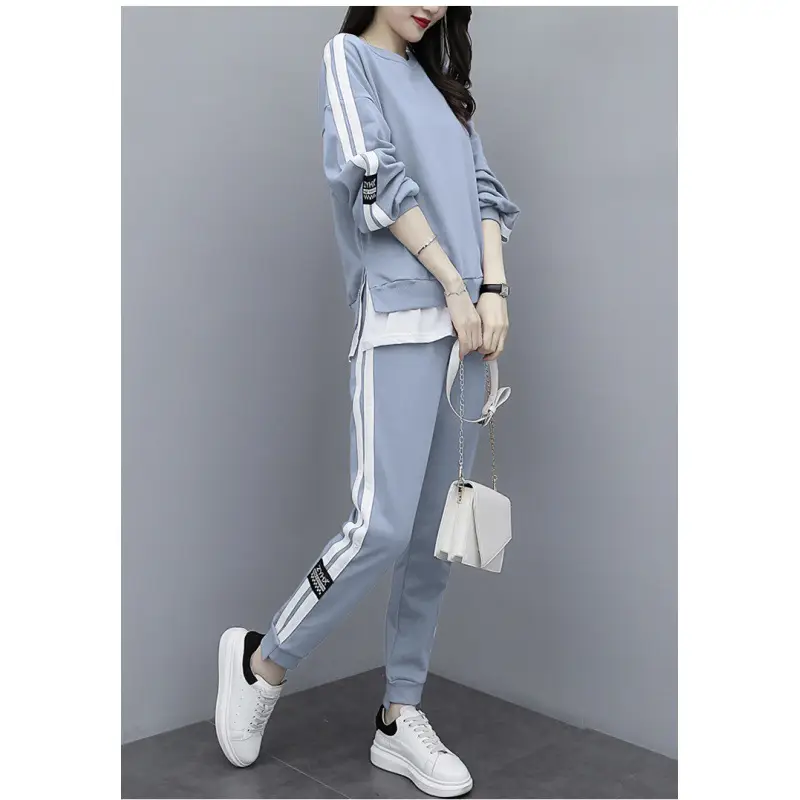 Women Korean Fashion Light Blue Sweatpants Set Large