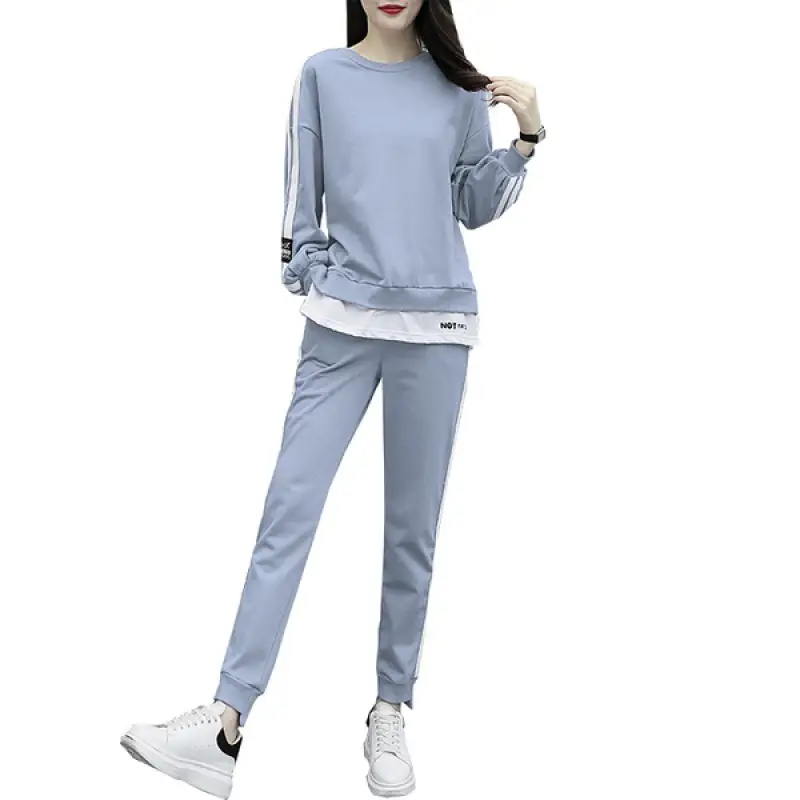 Women Korean Fashion Light Blue Sweatpants Set Large