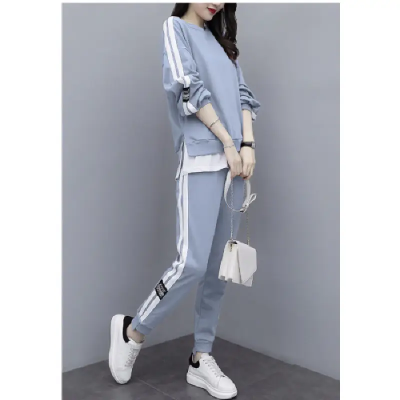 Women Korean Fashion Light Blue Sweatpants Set Large